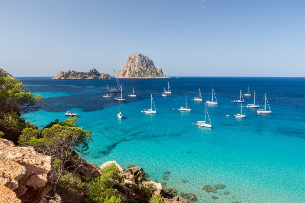 tourism ibiza Beautiful panoramic view of Cala Hort and the mountain Es Vedra.
