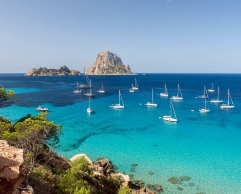 tourism ibiza Beautiful panoramic view of Cala Hort and the mountain Es Vedra.