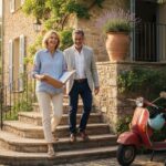 Couple at Riviera villa reviewing documents