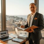 Real estate expert viewing paperwork in sunlit office