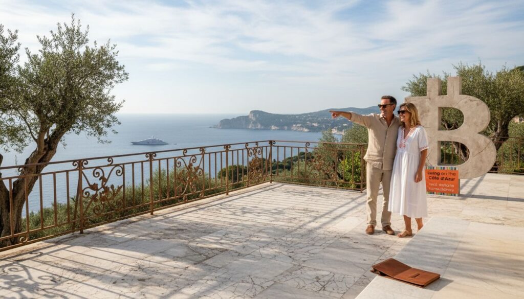 Couple on Riviera villa terrace admiring sea