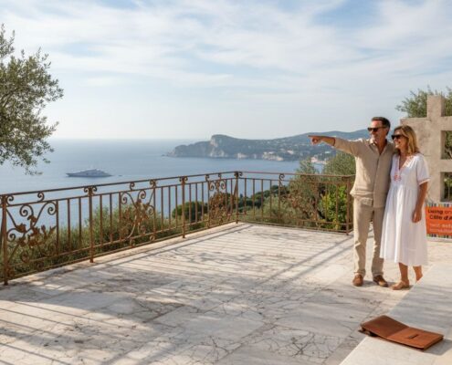 Couple on Riviera villa terrace admiring sea