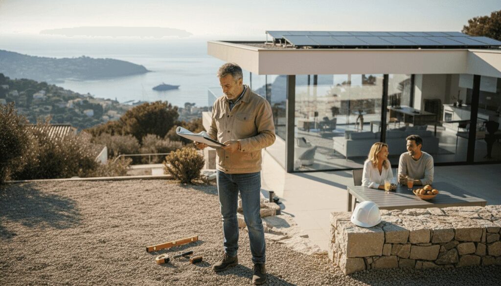 Site manager reviewing plans at new villa