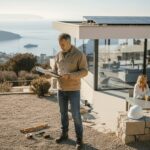 Site manager reviewing plans at new villa