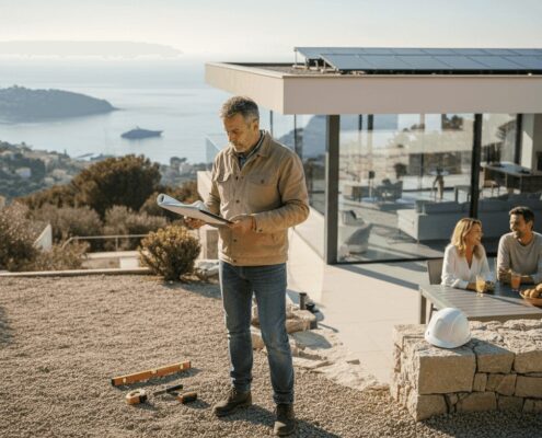Site manager reviewing plans at new villa