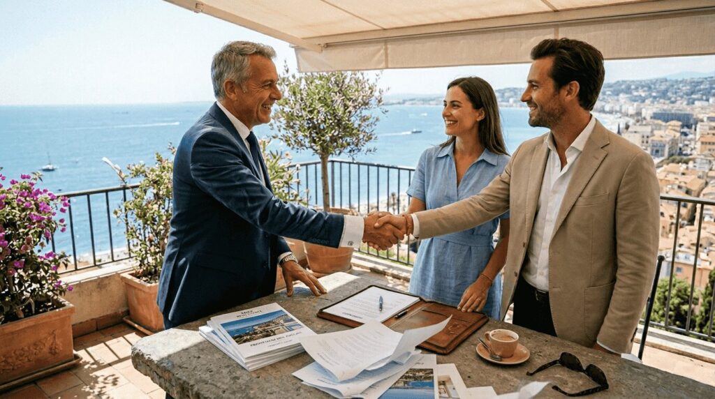 Agent meeting investors on Côte d'Azur terrace