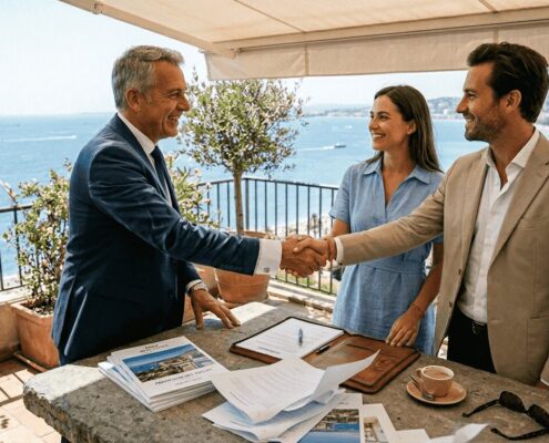 Agent meeting investors on Côte d'Azur terrace