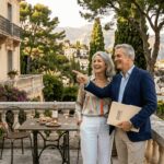 Couple reviewing villa purchase above Riviera coast