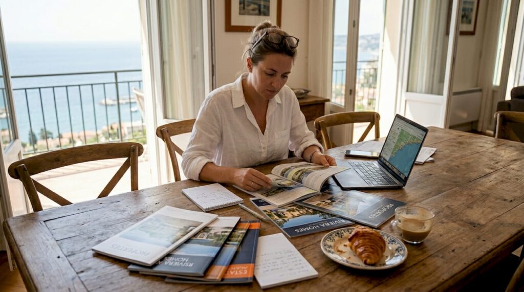 Woman reviewing Côte d'Azur real estate listings