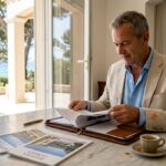 Man reviewing real estate portfolio at villa table
