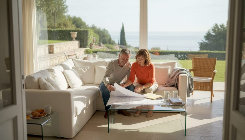 Couple reviewing luxury home plans in bright living room