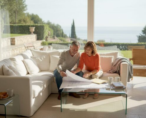 Couple reviewing luxury home plans in bright living room