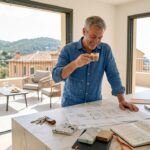 Architect reviewing blueprints in luxury new build