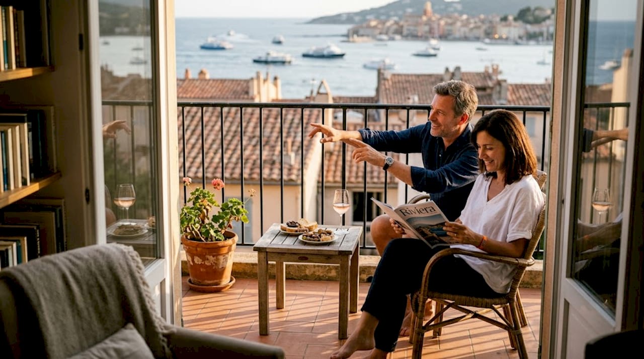 Couple relaxing on Côte d’Azur balcony at sunset