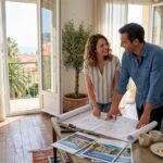 Couple reviewing blueprints in Riviera apartment