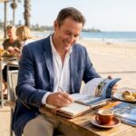 Investor reviewing luxury property documents in bright office