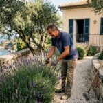 Gardener tending Côte d’Azur villa garden at sunrise