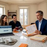 Buyers and advisor review contracts in luxury Milan apartment