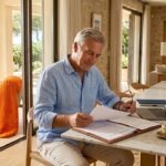 Investor reviewing villa contract in airy living space