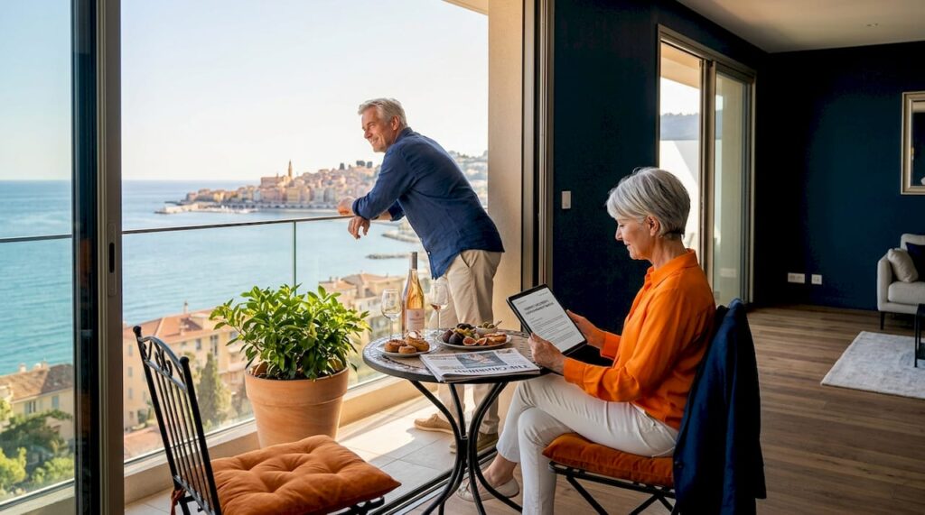Retired couple reviews new apartment view