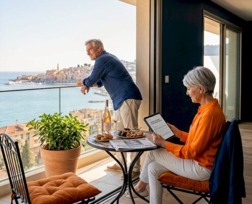 Retired couple reviews new apartment view