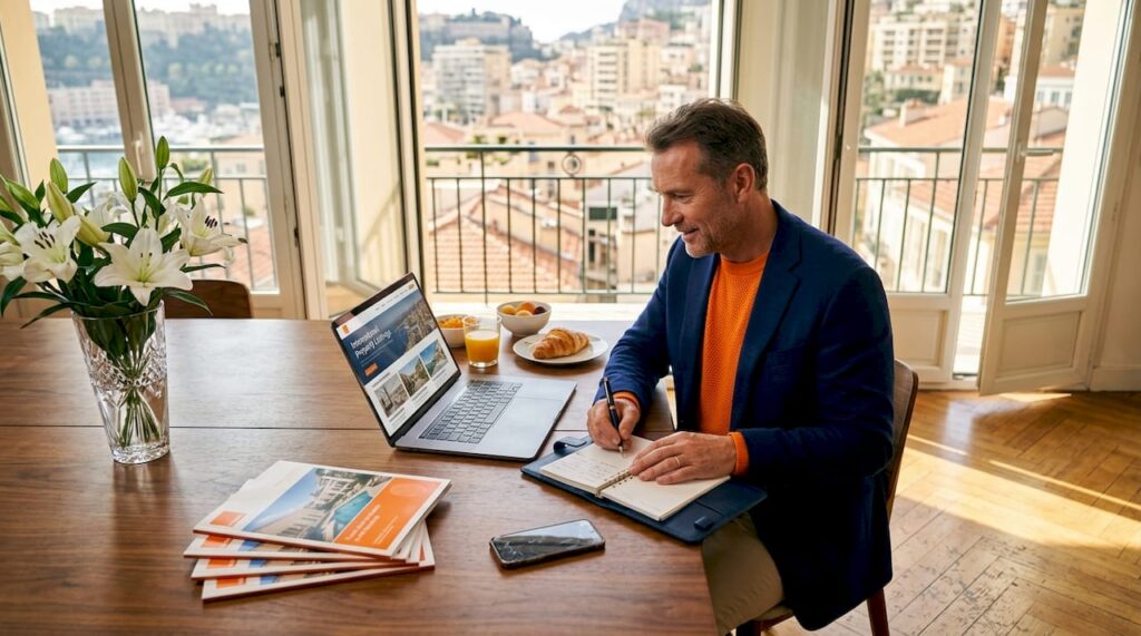 Investor reviewing international luxury property listings