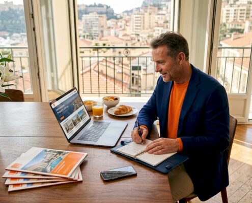 Investor reviewing international luxury property listings