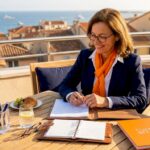 Real estate agent reviewing portfolio at corner office