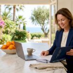 Woman reviewing property listings in Riviera villa