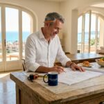 Architect reviewing home renovation plans in villa