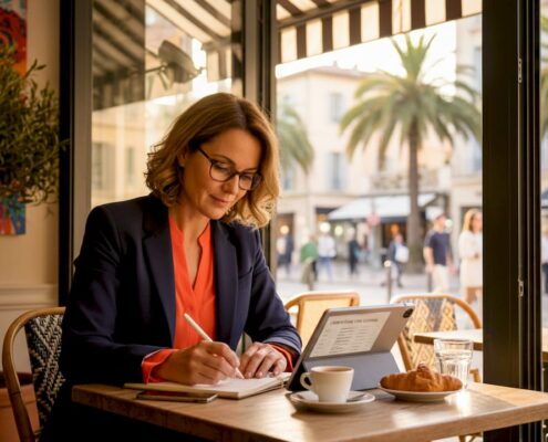 Agent reviews villa listings in Riviera office