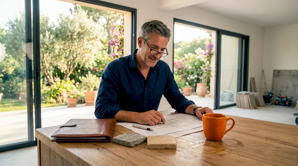 Architect reviewing renovation plans in villa kitchen