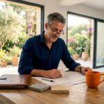 Architect reviewing renovation plans in villa kitchen