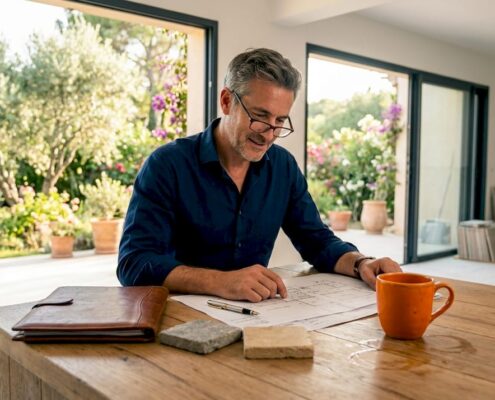 Architect reviewing renovation plans in villa kitchen