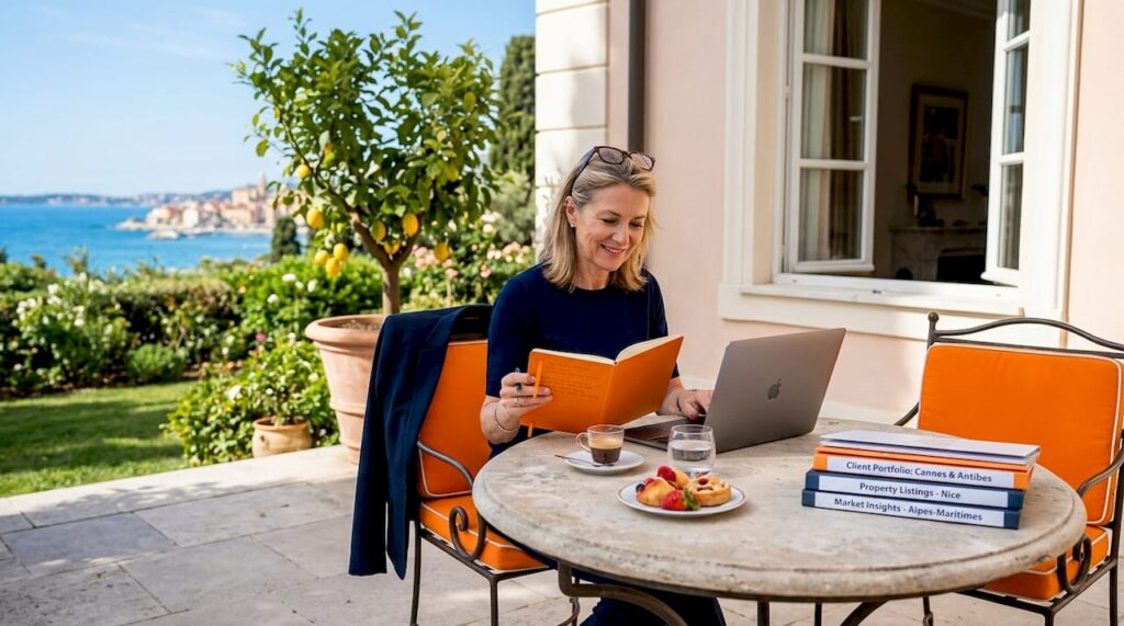 Advisor reviews notes in a sunlit boutique office