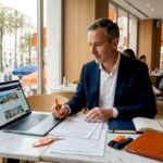 Man reviews international property documents at table