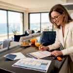 Luxury home buyer reviews checklist in bright kitchen