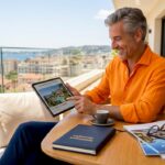 Investor reviewing luxury real estate portfolio in office