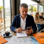 Investor reviewing Porto real estate data at café
