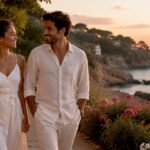 Couple walking beach promenade at French Riviera festival