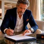 Man reviewing luxury contract in private lounge