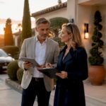 Couple reviewing luxury property viewing checklist outside villa