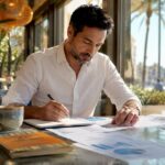 Man planning overseas property finances at home