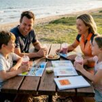 Happy family planning property buying on beach terrace