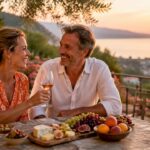 Happy couple enjoying drinks on villa terrace