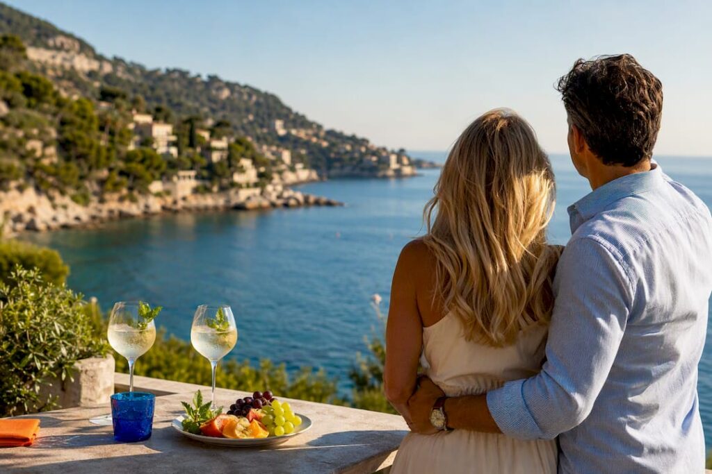 Couple viewing constrained Riviera coastline