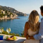 Couple viewing constrained Riviera coastline