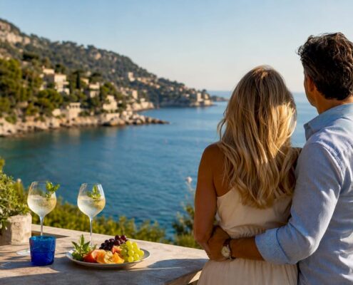Couple viewing constrained Riviera coastline