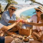 Happy family enjoying sunny beachside property terrace