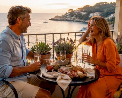 Happy couple enjoying meal and drinks on sunny beach terrace